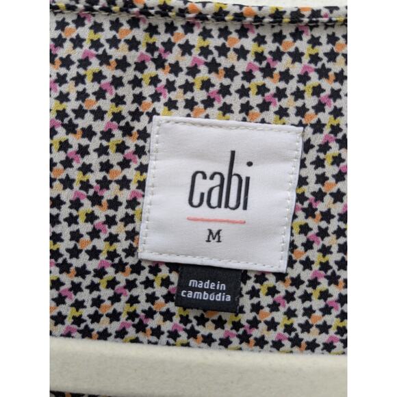 Cabi Women’s Blouse Ruffle Sleeveless Tan Black Star Print Top Size Medium - Picture 5 of 11